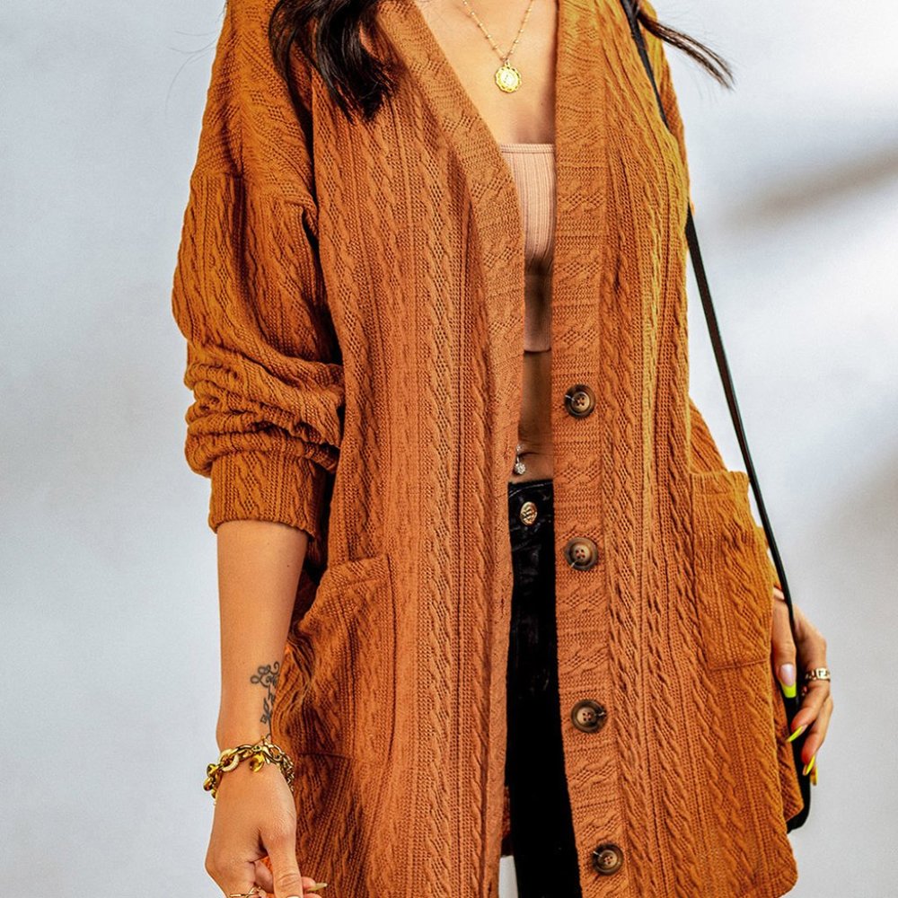 Button Front Pocketed Cable Knit Cardigan